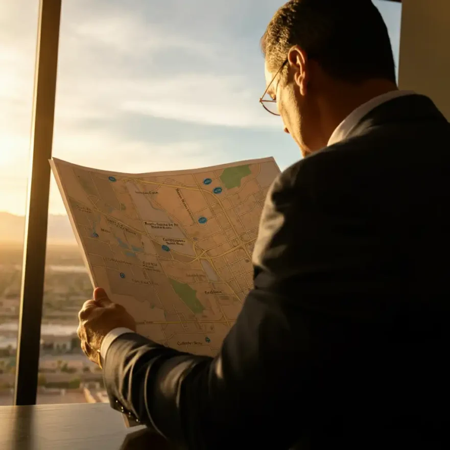 Man in suit looking at a map